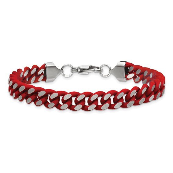 Chisel Stainless Steel Polished with Red Enamel and Rubber Coating 9mm 8.5 inch Curb Chain Bracelet