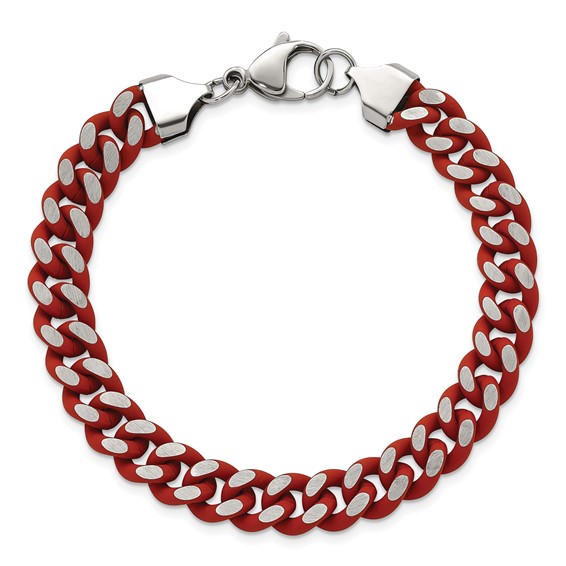 Chisel Stainless Steel Polished with Red Enamel and Rubber Coating 9mm 8.5 inch Curb Chain Bracelet