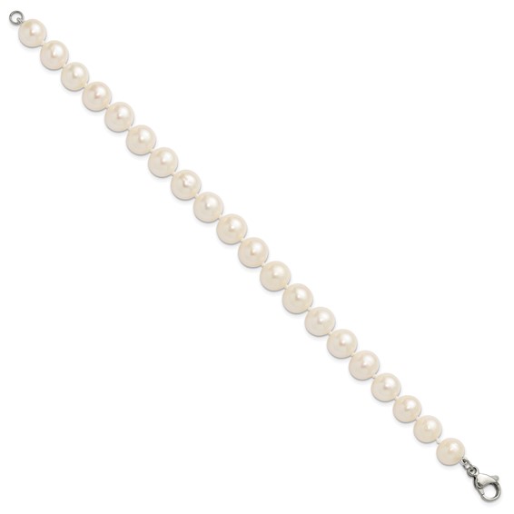 Chisel Stainless Steel Polished 9-10mm Hand Knotted White Round Freshwater Cultured Pearl 8 inch Bracelet