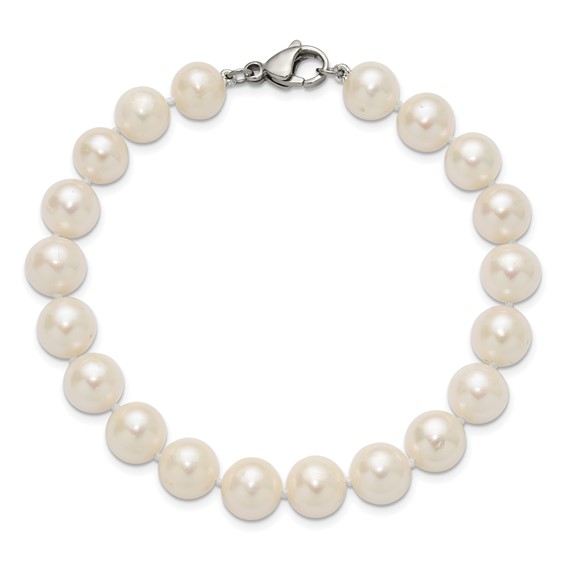 Chisel Stainless Steel Polished 9-10mm Hand Knotted White Round Freshwater Cultured Pearl 8 inch Bracelet