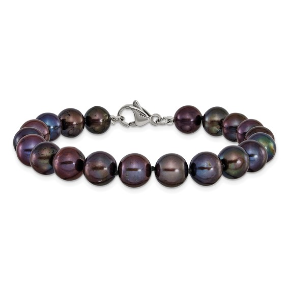 Chisel Stainless Steel Polished 9-10mm Hand Knotted Black Round Freshwater Cultured Pearl 8 inch Bracelet