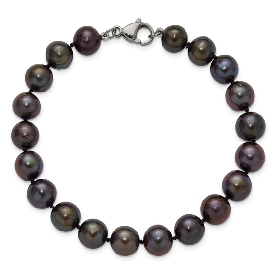 Chisel Stainless Steel Polished 9-10mm Hand Knotted Black Round Freshwater Cultured Pearl 8 inch Bracelet