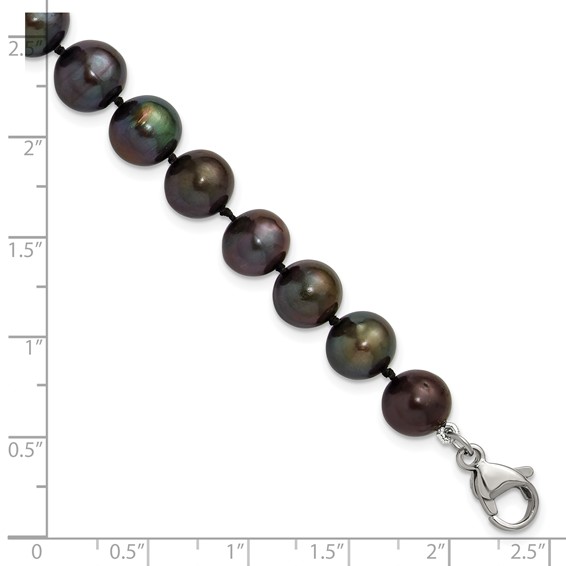 Chisel Stainless Steel Polished 9-10mm Hand Knotted Black Round Freshwater Cultured Pearl 8 inch Bracelet