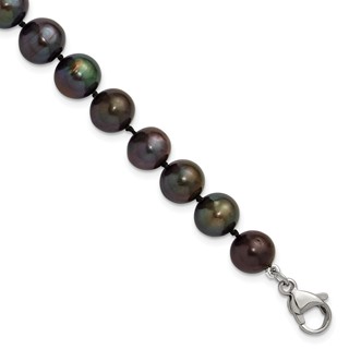 Chisel Stainless Steel Polished 9-10mm Hand Knotted Black Round Freshwater Cultured Pearl 8 inch Bracelet