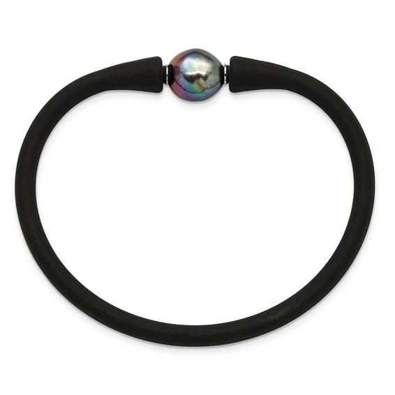 Chisel Stainless Steel Polished 9-10mm Black Baroque Freshwater Cultured Pearl on Black Silicone 6.75 inch Bracelet