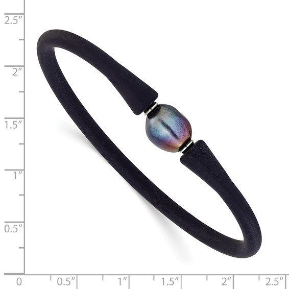 Chisel Stainless Steel Polished 9-10mm Black Baroque Freshwater Cultured Pearl on Black Silicone 6.75 inch Bracelet