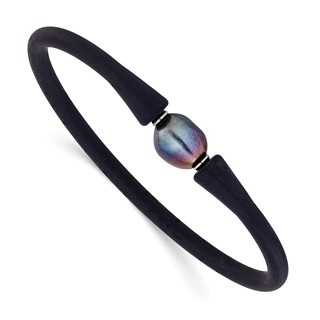 Chisel Stainless Steel Polished 9-10mm Black Baroque Freshwater Cultured Pearl on Black Silicone 6.75 inch Bracelet