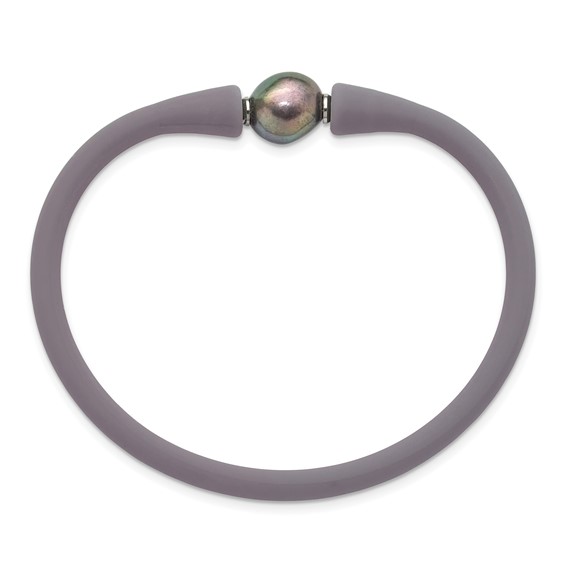 Chisel Stainless Steel Polished 9-10mm Black Baroque Freshwater Cultured Pearl on Mauve/Grey Silicone 6.75 inch Bracelet