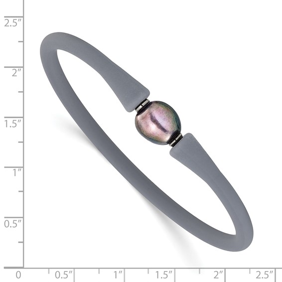 Chisel Stainless Steel Polished 9-10mm Black Baroque Freshwater Cultured Pearl on Mauve/Grey Silicone 6.75 inch Bracelet