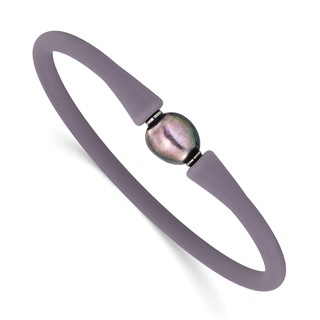 Chisel Stainless Steel Polished 9-10mm Black Baroque Freshwater Cultured Pearl on Mauve/Grey Silicone 6.75 inch Bracelet