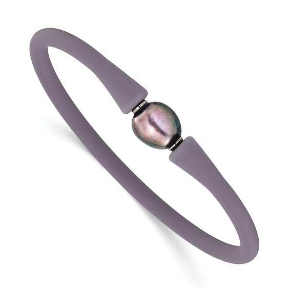Chisel Stainless Steel Polished 9-10mm Black Baroque Freshwater Cultured Pearl on Mauve/Grey Silicone 6.75 inch Bracelet