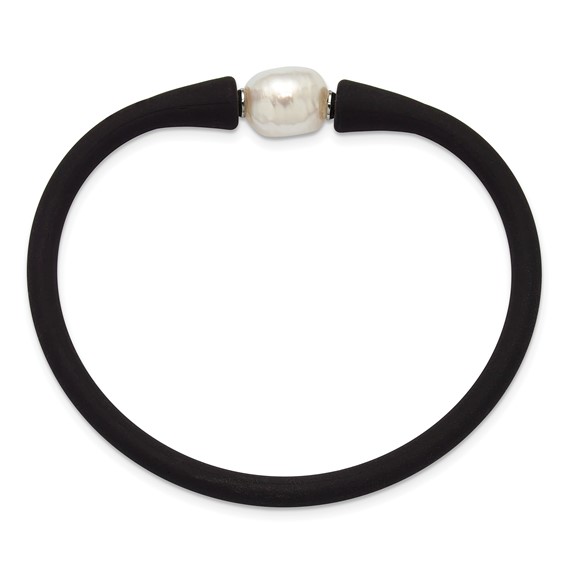 Chisel Stainless Steel Polished 9-10mm White Baroque Freshwater Cultured Pearl on Black Silicone 6.75 inch Bracelet