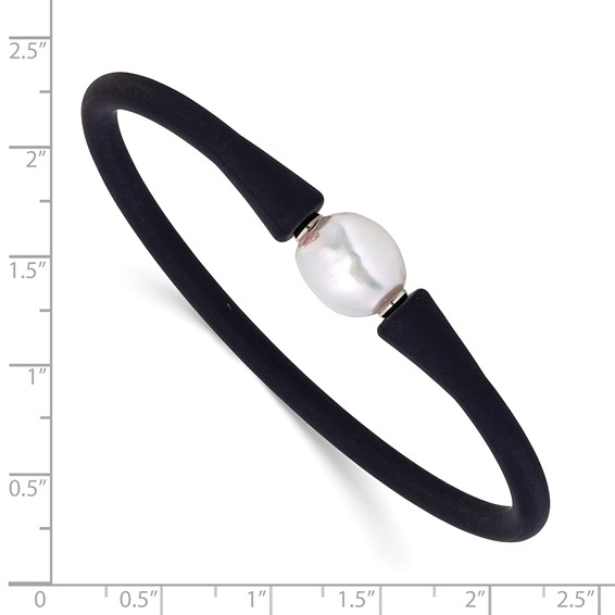 Chisel Stainless Steel Polished 9-10mm White Baroque Freshwater Cultured Pearl on Black Silicone 6.75 inch Bracelet