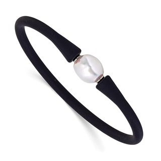 Chisel Stainless Steel Polished 9-10mm White Baroque Freshwater Cultured Pearl on Black Silicone 6.75 inch Bracelet