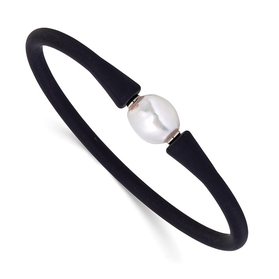 Chisel Stainless Steel Polished 9-10mm White Baroque Freshwater Cultured Pearl on Black Silicone 6.75 inch Bracelet