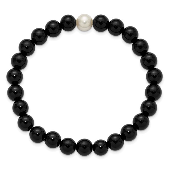 Chisel 8-9mm Black Onyx and White Freshwater Cultured Pearl Beaded 7.25 inch Stretch Bracelet