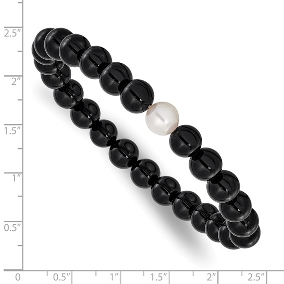 Chisel 8-9mm Black Onyx and White Freshwater Cultured Pearl Beaded 7.25 inch Stretch Bracelet
