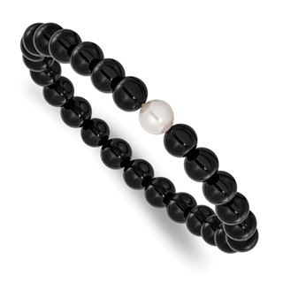 Chisel 8-9mm Black Onyx and White Freshwater Cultured Pearl Beaded 7.25 inch Stretch Bracelet