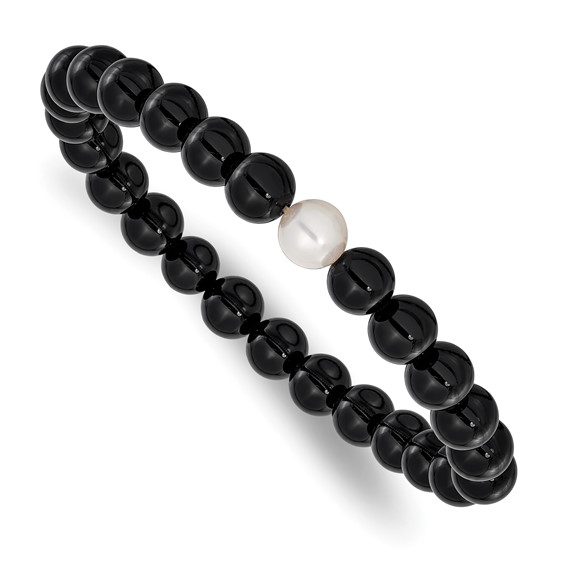 Chisel 8-9mm Black Onyx and White Freshwater Cultured Pearl Beaded 7.25 inch Stretch Bracelet