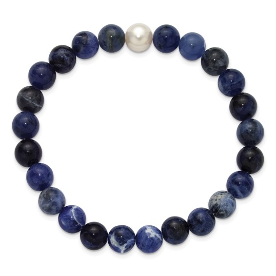 Chisel 8-9mm Lapis and White Freshwater Cultured Pearl Beaded 7.25 inch Stretch Bracelet