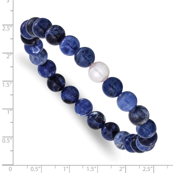 Chisel 8-9mm Lapis and White Freshwater Cultured Pearl Beaded 7.25 inch Stretch Bracelet