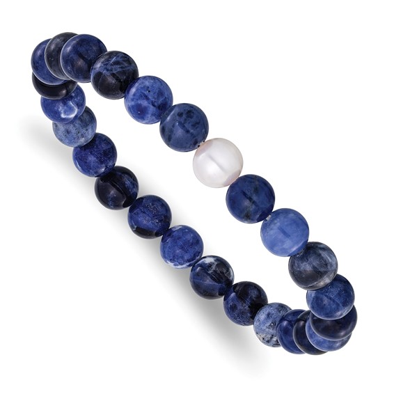 Chisel 8-9mm Lapis and White Freshwater Cultured Pearl Beaded 7.25 inch Stretch Bracelet