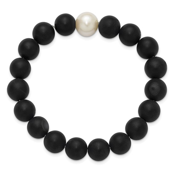 Chisel 10-11mm Black Agate and White Freshwater Cultured Pearl Beaded 6.5 inch Stretch Bracelet
