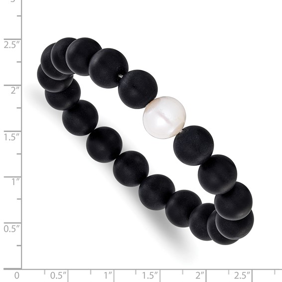 Chisel 10-11mm Black Agate and White Freshwater Cultured Pearl Beaded 6.5 inch Stretch Bracelet