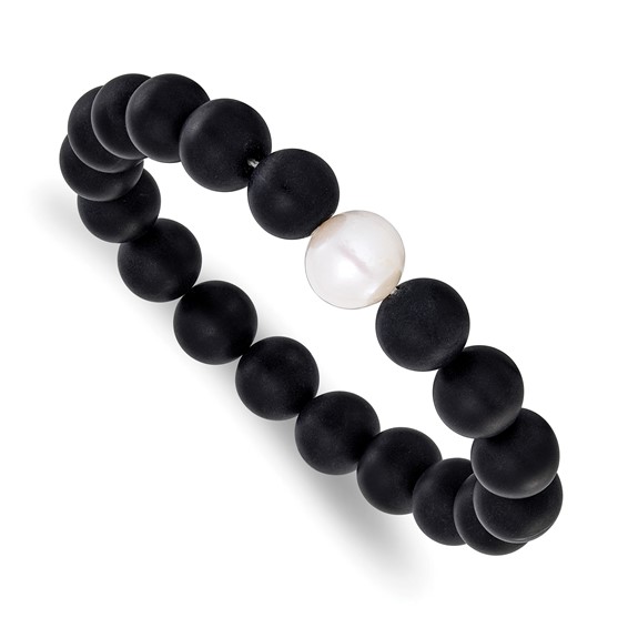 Chisel 10-11mm Black Agate and White Freshwater Cultured Pearl Beaded 6.5 inch Stretch Bracelet