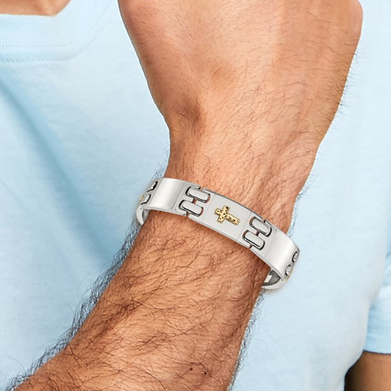 Chisel Stainless Steel Polished with Diamond-cut 14K Gold Accent Cross 8 inch Link Bracelet