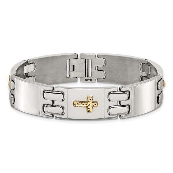Chisel Stainless Steel Polished with Diamond-cut 14K Gold Accent Cross 8 inch Link Bracelet