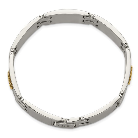 Chisel Stainless Steel Polished with Diamond-cut 14K Gold Accent Cross 8 inch Link Bracelet