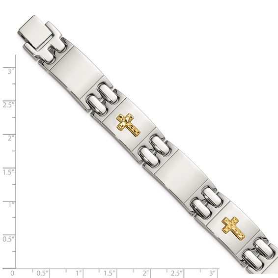 Chisel Stainless Steel Polished with Diamond-cut 14K Gold Accent Cross 8 inch Link Bracelet