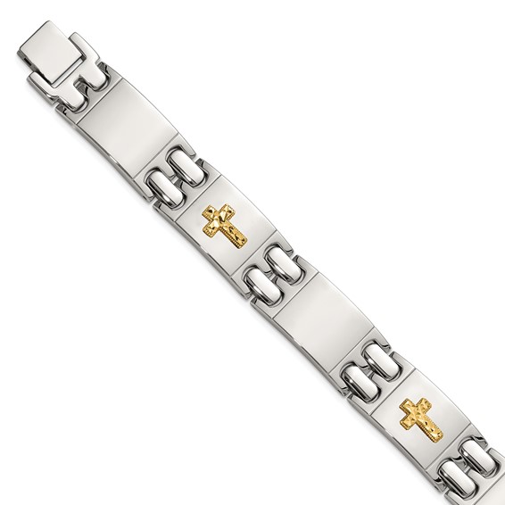 Chisel Stainless Steel Polished with Diamond-cut 14K Gold Accent Cross 8 inch Link Bracelet
