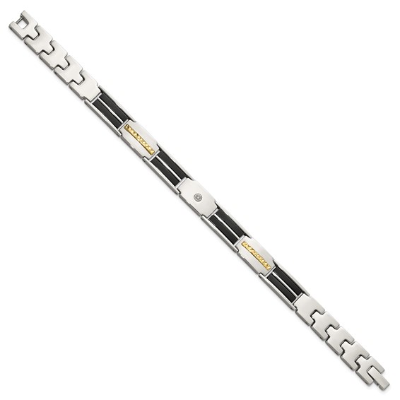 Chisel Stainless Steel Polished with Diamond-cut 14K Gold Accent and 1/20ct. Diamond with Black Enamel 8 inch Bracelet