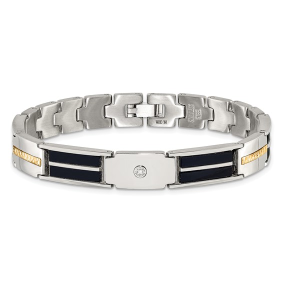 Chisel Stainless Steel Polished with Diamond-cut 14K Gold Accent and 1/20ct. Diamond with Black Enamel 8 inch Bracelet