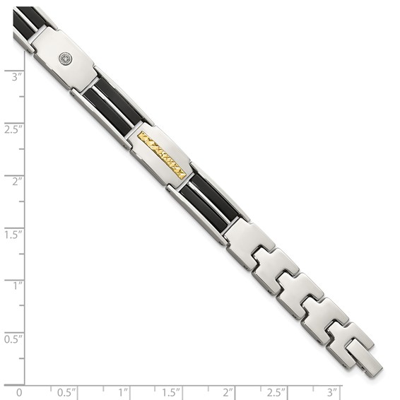 Chisel Stainless Steel Polished with Diamond-cut 14K Gold Accent and 1/20ct. Diamond with Black Enamel 8 inch Bracelet