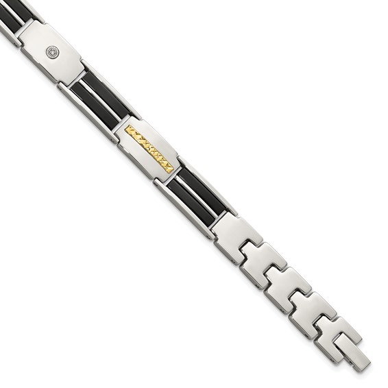 Chisel Stainless Steel Polished with Diamond-cut 14K Gold Accent and 1/20ct. Diamond with Black Enamel 8 inch Bracelet