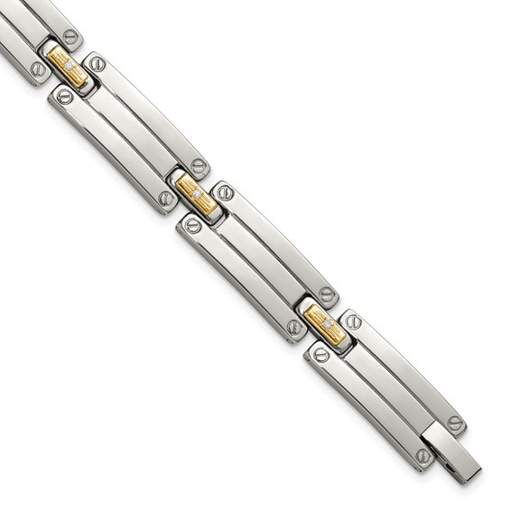 Chisel Stainless Steel Polished with 14K Gold Accent and 1/15ct. Diamond 8.5 inch Link Bracelet