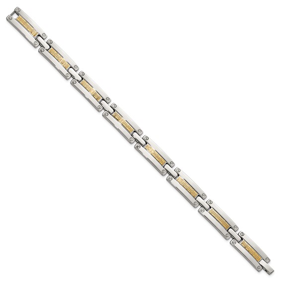 Chisel Stainless Steel Polished with 14K Gold Accent Basket Weave Pattern 8.5 inch Link Bracelet