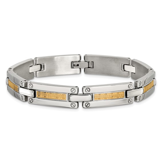 Chisel Stainless Steel Polished with 14K Gold Accent Basket Weave Pattern 8.5 inch Link Bracelet