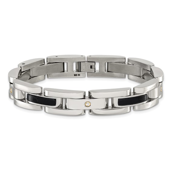 Chisel Stainless Steel Polished with 14K Gold Accent and 1/20ct. Diamond and Onyx 8.25 inch Link Bracelet
