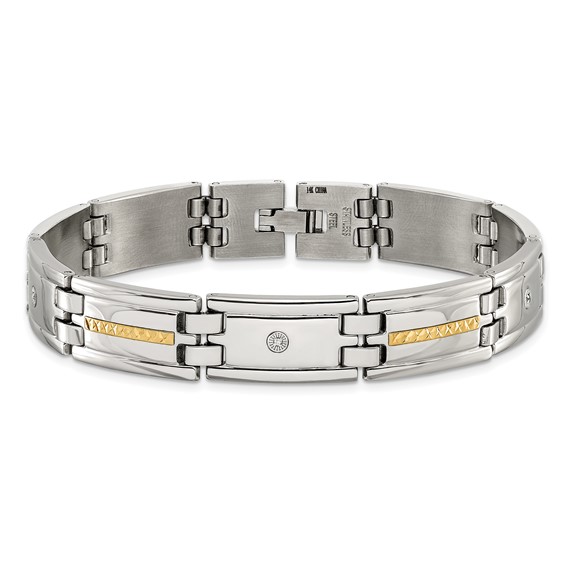 Chisel Stainless Steel Polished with Diamond-cut 14K Gold Accent and .03ct. Diamond 8.75 inch Link Bracelet