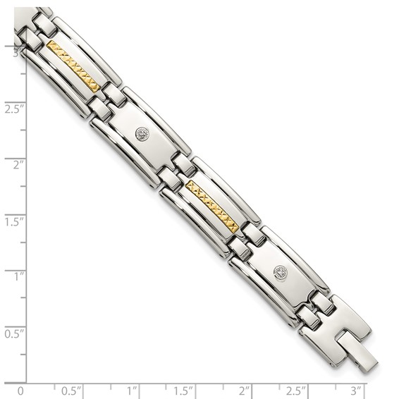 Chisel Stainless Steel Polished with Diamond-cut 14K Gold Accent and .03ct. Diamond 8.75 inch Link Bracelet
