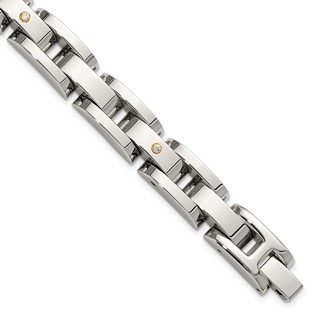 Chisel Stainless Steel Polished with 14K Gold Accent and 1/15ct. Diamond 8.25 inch Link Bracelet