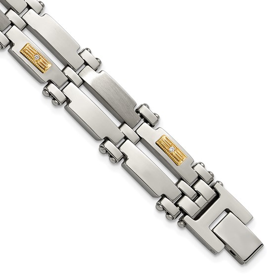 Chisel Stainless Steel Brushed and Polished with 14K Gold Accent and 1/20ct. Diamond 8.5 inch Bracelet