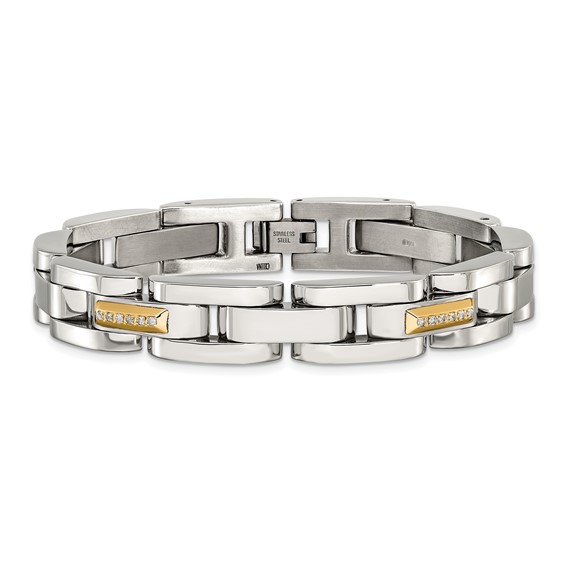Chisel Stainless Steel Polished with 14K Gold Accent and 1/4ct. Diamond 8.25 inch Link Bracelet
