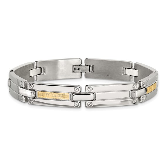 Chisel Stainless Steel Polished with 14K Gold Accent Basket Weave 8.5 inch Link Bracelet