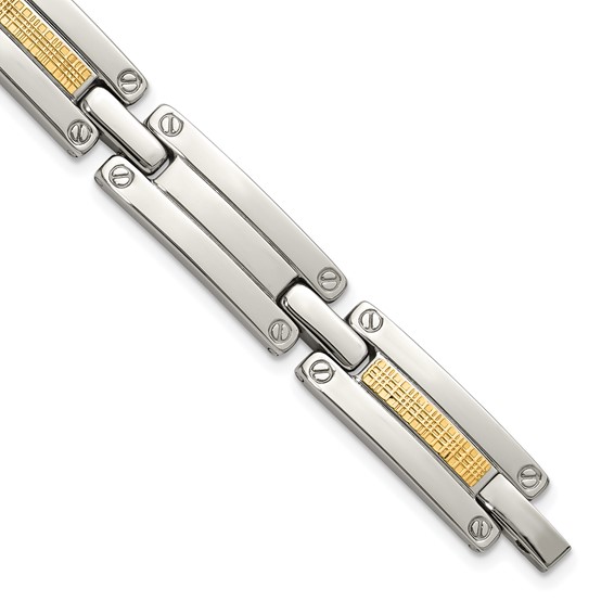 Chisel Stainless Steel Polished with 14K Gold Accent Basket Weave 8.5 inch Link Bracelet