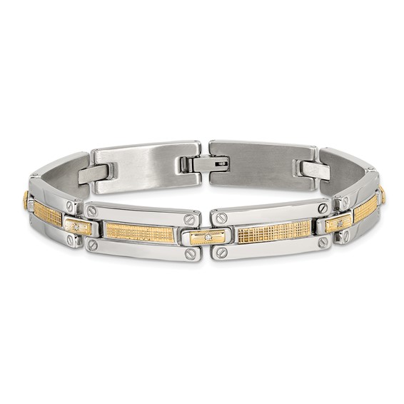 Chisel Stainless Steel Polished with 14K Accent Basket Weave and 1/15ct. Diamond 8.5 inch Bracelet